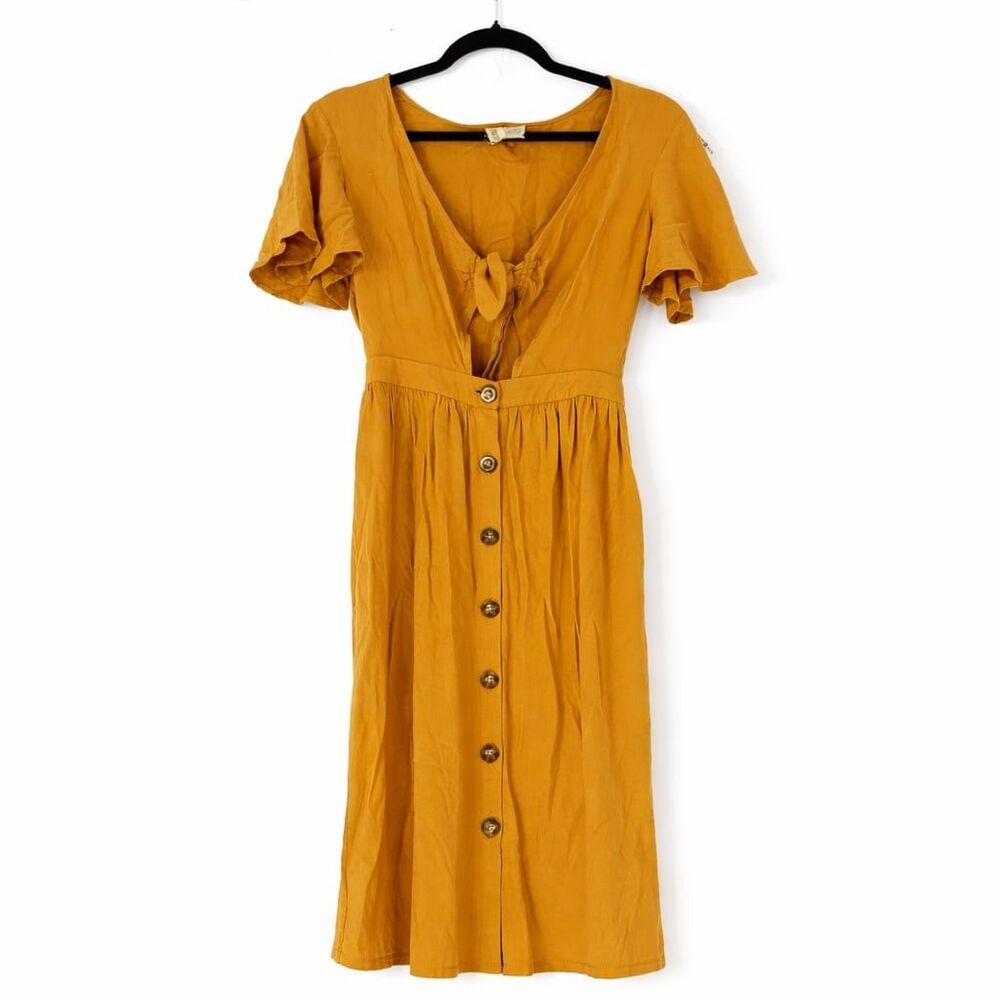 Mini Chica Dress Womens Small Mustard Yellow Midi Button Flutter Sleeve Boho - Picture 4 of 6